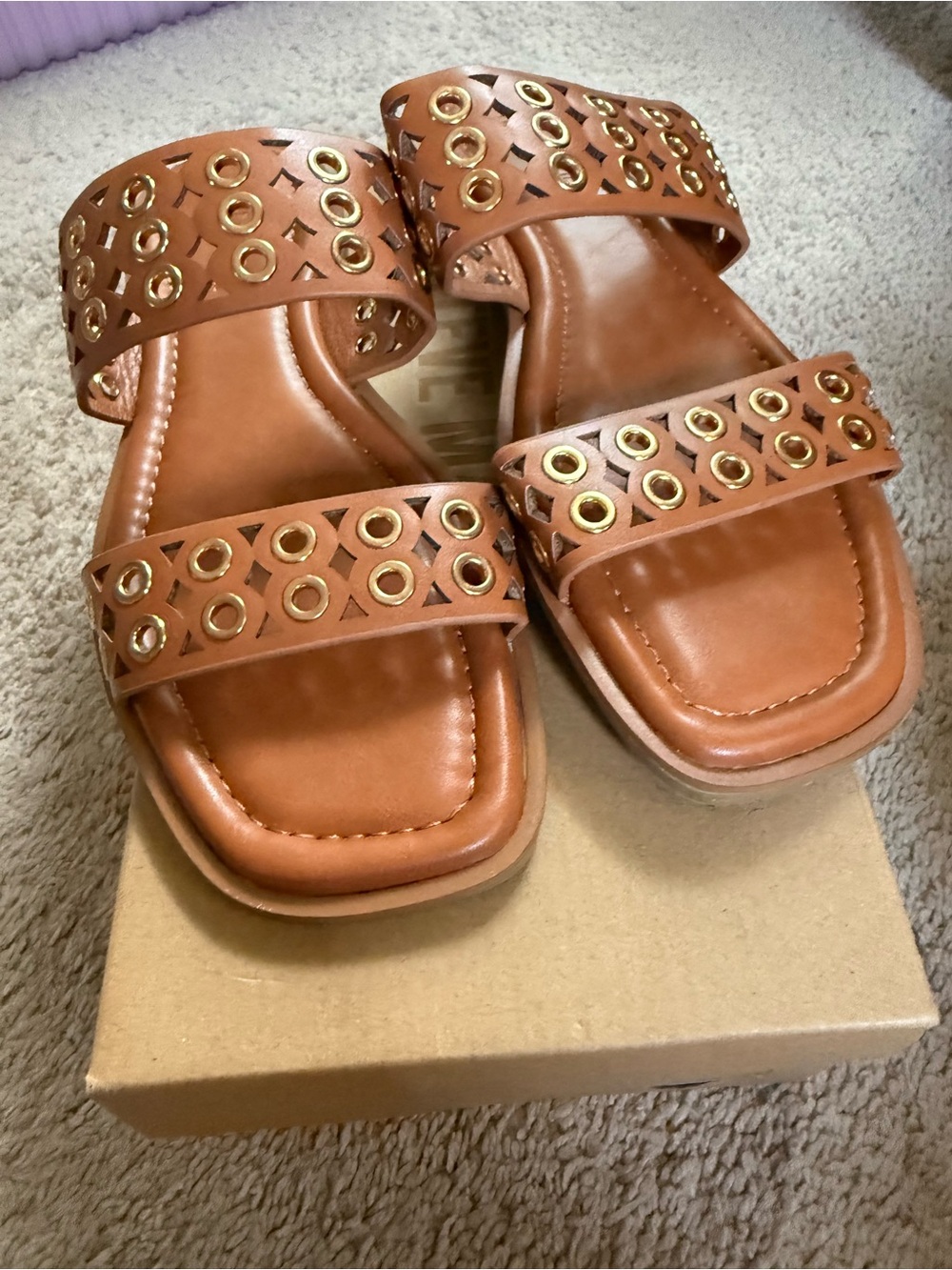 Steve Madden Brown Double-Strap Grommet Slide Sandals